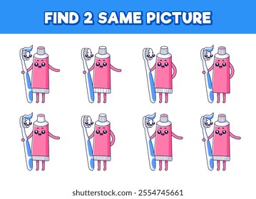 Find 2 identical pictures on the topic of hygiene. Toothbrush hugs toothpaste. Cute cartoon illustration. Isolated on white background.