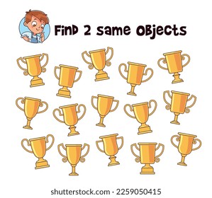 Find 2 same objects. Educational game for children. Choose correct answer. Colorful cartoon characters. Funny vector illustration. Isolated on white background