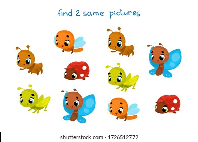 Find 2 same pictures. Educational game for children. Vector illustrations for children books. insects