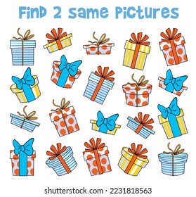 Find 2 same pictures. Find two identical gift. Educational game for children. Colorful cartoon characters. Funny vector illustration. Isolated on white background