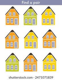 Find 2 two same pictures. Table matching game. Colourful colorful houses. Find a pair. Children's puzzle.