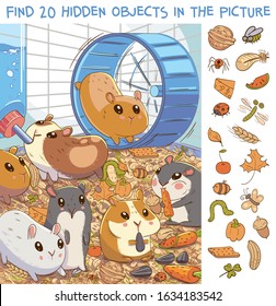 Find 20 Hidden Objects In The Picture. Hamsters In A Cage. Puzzle Hidden Items. Funny Cartoon Character