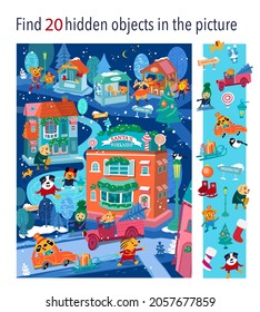 Find 20 hidden objects in picture. Christmas village with cute characters and buildings. Children Game. Activities, vector illustration.