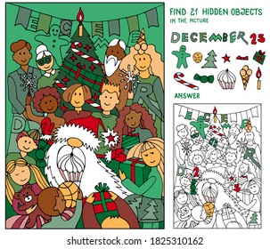 Find 21 hidden objects. Santa Claus, children, parents, grandparents, adults by the Christmas tree. Puzzle for kids. Christmas, New Year game for family celebration, school, party. Hand drawn vector.