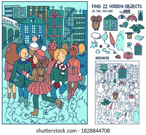 Find 22 hidden objects. Children are skating on ice in the city. Puzzle for kids. Christmas, New Year game for family celebration, school, party. Hand drawn vector.
