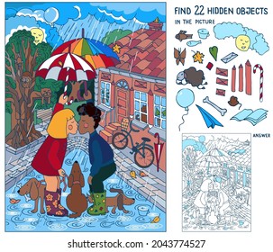 Find 22 hidden objects in the picture. First Kiss of Girl and Boy under an Umbrella during the Rain.Puzzle Hidden Items. Logic game educational. Sketch vector illustration.