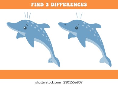 Find 3 differences between the two dolphins. Children's logic game, educational puzzle, vector