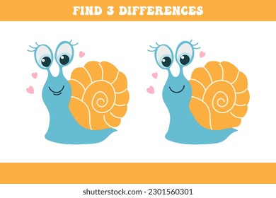 Find 3 differences between two cartoon snails. Children's logic game, educational puzzle, vector