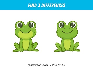 Find 3 differences between two pictures of cute frog. Cartoon froglet. Activity page. Vector