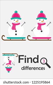 Find 3 differences, christmas game for children, snowman in cartoon style, education game for kids, preschool worksheet activity, task for the development of logical thinking, vector illustration