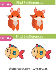 Find 3 differences. Educational game cute fish for children.Vector illustration. Fox. Fish.