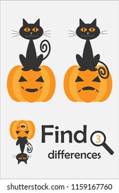 Find 3 differences, halloween game for children, cartoon cat and pumpkin, education game for kids, preschool worksheet activity, task for the development of logical thinking, vector illustration