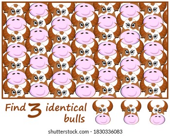 Find 3 identical bulls. Puzzle Hidden picture for kids. Education page.