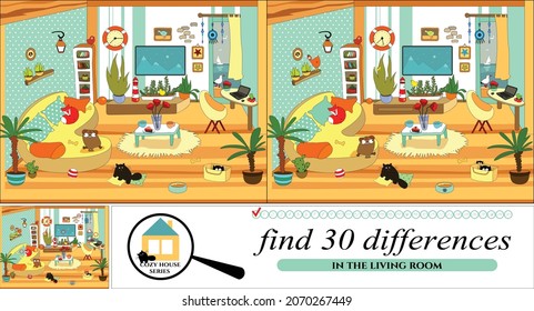 "Find 30 differences". Vector cartoon illustration from the "Cozy House" series. The room in the marine style.