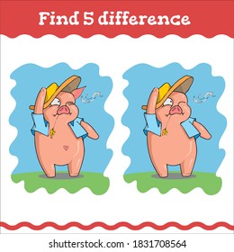 Find 5 difference Education games with three little pigs. Preschool or kindergarten worksheet. Vector illustration