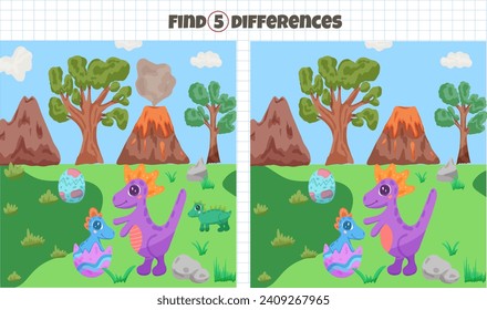 Find 5 difference game with dinosaurs. Vector illustration