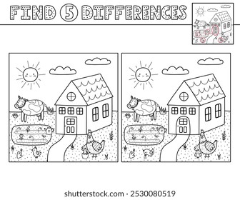 Find 5 differences activity page for kids with a farmhouse and cute farm animals. Puzzle game for developing attention for school and preschool. Vector illustration