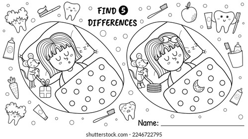 Find 5 differences activity pages for kids. Funny dental tooth maze game for school and preschool. Coloring page and puzzle for children. Vector illustration