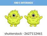Find 5 differences between two pictures of funny green monster. Cute alien. Vector illustration