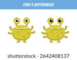 Find 5 differences between two pictures of funny green monster. Cute alien. Vector illustration 