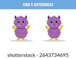 Find 5 differences between two pictures of funny purple monster. Cute alien. Vector illustration
