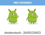 Find 5 differences between two pictures of funny green monster. Cute alien. Vector illustration