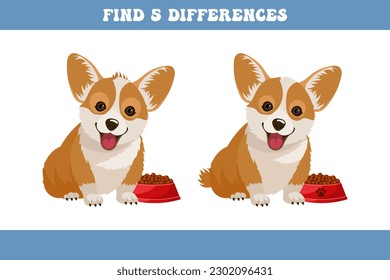 Encontrar 5 diferencias entre dos perros corgi de dibujos animados. Juego lógico infantil, rompecabezas educativo, vector