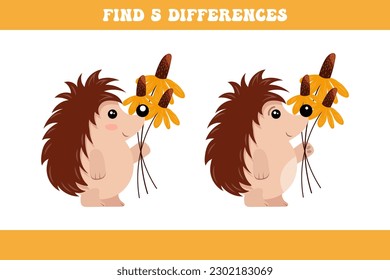 Find 5 differences between two cartoon hedgehogs with flowers. Children's logic game, educational puzzle, vector