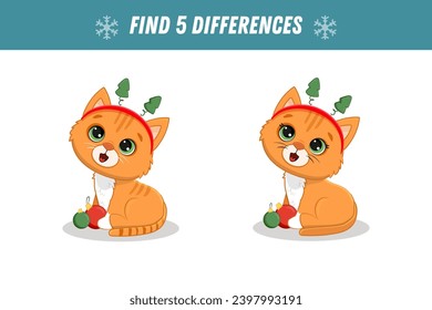 Encuentra 5 diferencias entre dos imágenes de un gato rojo lindo. Un ginger guitten. juego de Navidad.  Actividad. Navidad. Vector