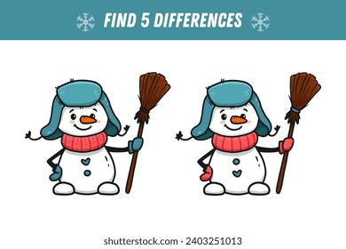 Encuentra 5 diferencias entre dos fotos de un lindo muñeco de nieve con bufanda y con escoba. Un muñeco de nieve de estilo plano. Actividad. juego de Navidad. Vector