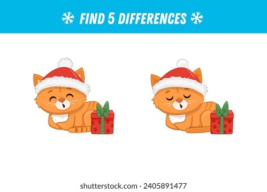 Find 5 differences between two pictures of cute red cat. Cute ginger kitten. Christmas game.  Activity page. Xmas. Vector