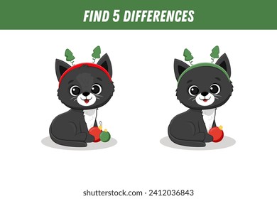 Find 5 differences between two pictures of cute black cat. Cute  kitten. Christmas game.  Activity page. Xmas. Vector