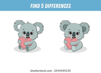 Find 5 differences between two pictures of cute koala. Cartoon koala with heart. Activity page. Vector