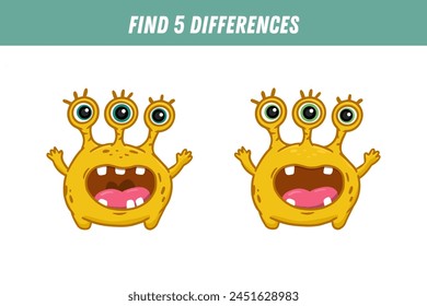 Find 5 differences between two pictures of cute yellow monster. Cute alien. Vector illustration