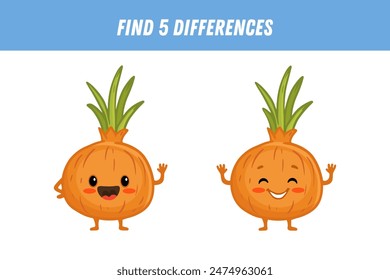 Find 5 differences between two pictures of cute onion. Cartoon onion with arms and legs. Vector illustration