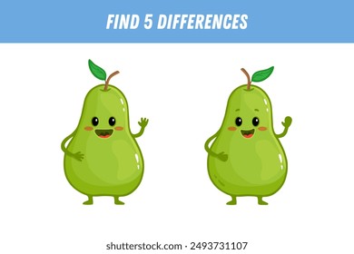 Find 5 differences between two pictures of cute pear. Cartoon pear with arms and legs. Educational logical game for children. Vector illustration