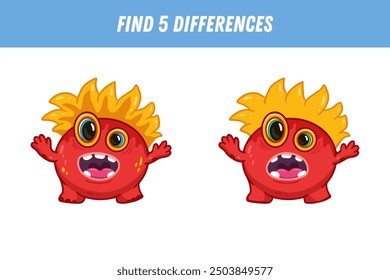 Find 5 differences between two pictures of funny red monster. Cute alien. Vector illustration
