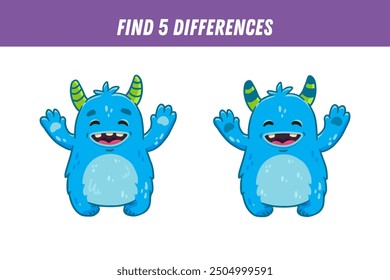 Find 5 differences between two pictures of funny blue monster. Cute alien. Vector illustration
