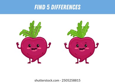 Find 5 differences between two pictures of cute beet. Cartoon beet with arms and legs. Educational logical game for children. Vector illustration
