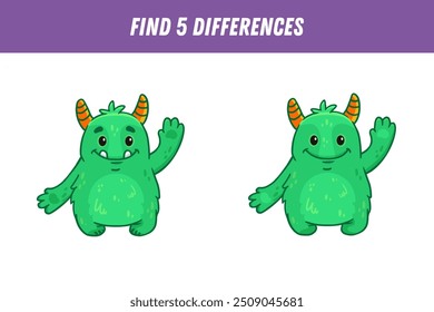 Find 5 differences between two pictures of funny green monster. Cute alien. Vector illustration
