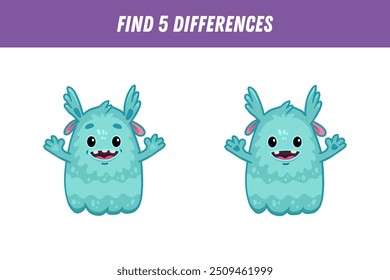 Find 5 differences between two pictures of funny blue monster. Cute alien. Ghost. Vector illustration