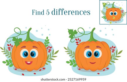 Find 5 differences between two images of a cute pumpkin. A cartoon pumpkin in the greenery. An educational logic game for children. Vector illustration. An educational game for Halloween.