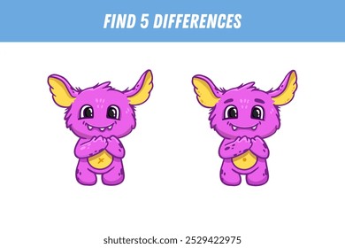 Find 5 differences between two pictures of funny pink monster. Cute alien. Vector illustration