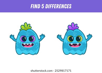 Encuentra 5 diferencias entre dos imágenes de divertido monstruo azul. Lindo alienígena. Ilustración vectorial