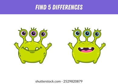 Find 5 differences between two pictures of cute green monster. Cute alien. Vector illustration