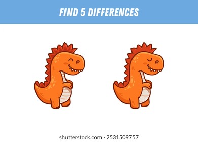 Find 5 differences between two pictures of orange dinosaur. Cute dino with smile. Vector illustration
