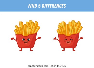 Encontre 5 diferenças entre duas fotos de batatas fritas com braços e pernas. Caráter fast food. Jogo lógico educacional para crianças. Vetor
