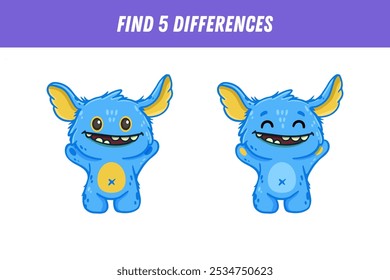 Encuentra 5 diferencias entre dos imágenes de divertido monstruo azul. Lindo alienígena. Fantasma. Ilustración vectorial
