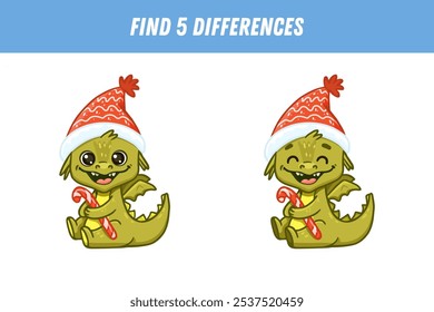 Find 5 differences between two pictures of dragon. Cute dragon with smile. Vector illustration
