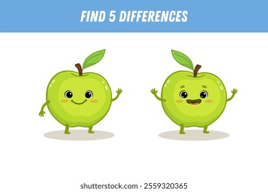 Find 5 differences between two pictures of cute apple. Cartoon green apple with arms and legs. Educational logical game for children. Vector illustration